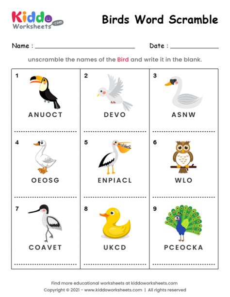 Free Printable Word Scramble Birds Worksheet - kiddoworksheets