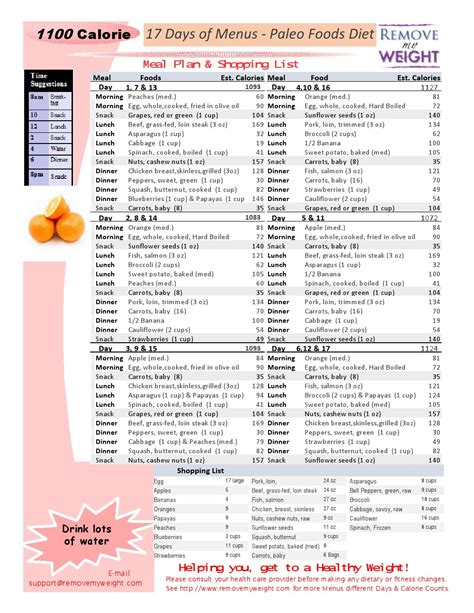 Free 1100 Calories a day 17 Day Paleo Diet with Shopping List - Printable - Menu Plan for Weight ...