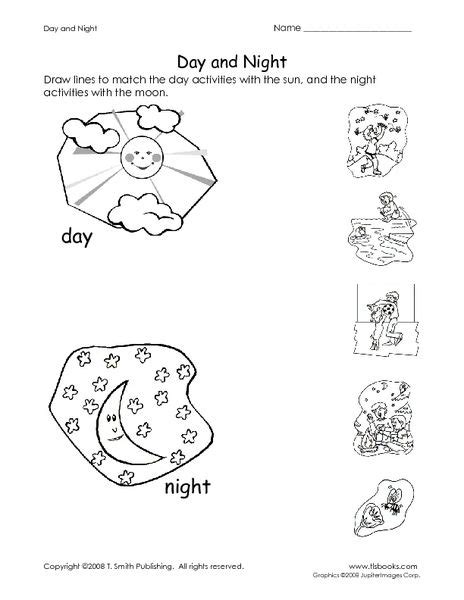 Day and Night Pre-K - Kindergarten Worksheet | Kindergarten worksheets ...