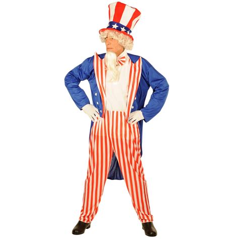 This great Uncle Sam costume includes: Blue jacket with tails, Red & White lapels, and White ...