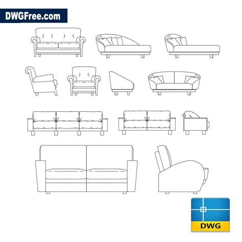 Sofas views DWG - Téléchargez le modèle de blocs Autocad. AutoCad