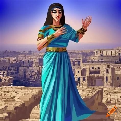 Draw a woman from ancient israel and the prophet she is greeting with a walled city background