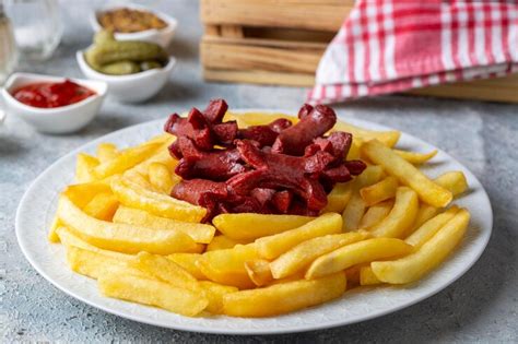 Premium Photo | French fries and sausage fries platter Turkish name patates ve sosis kizartmasi