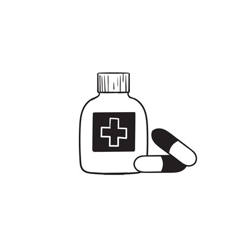 hand drawn Medicine bottle and pills. Black and white icon. Vector ...