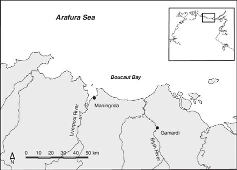 Map of the Maningrida region of central Arnhem Land, Australia, showing ...