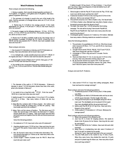 Word Problems - Decimals | PDF | Nature