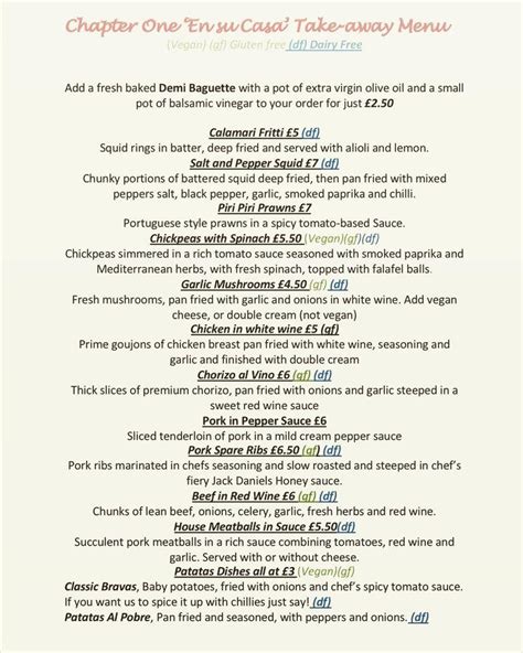 Menu at Chapter One Bar And Kitchen, Oldham