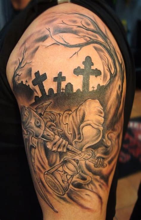 25 Amazing Graveyard And Cemetery Tattoos | Half sleeve tattoo, Sleeve tattoos, Tattoo sleeve ...