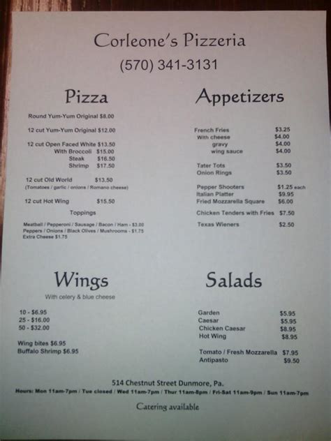 Menu at Corleone's Pizzeria, Dunmore