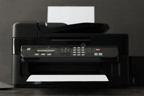 Modern Printer With Paper On Grey Table, Closeup Stock Image - Image of ...