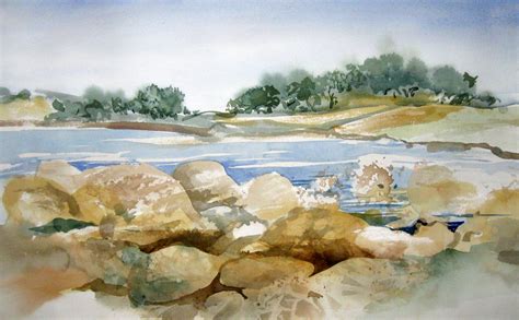 Amy Hautman Paintings: "Golden Rocks on the Shore" Watercolor Painting