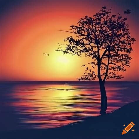 Realistic sunset over a lake with tree silhouette on Craiyon