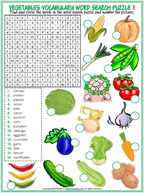 Vegetables Vocabulary Esl Word Search Puzzle Worksheets for Kids