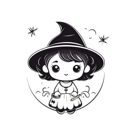 line drawing of a cute witch kawaii girl 24123890 Vector Art at Vecteezy