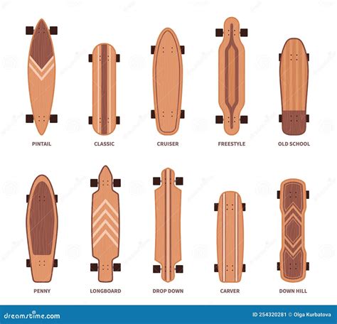 Skate Board Types. Different Wooden Longboards Shapes, Isolated Icons, Cruiser, Penny and Old ...