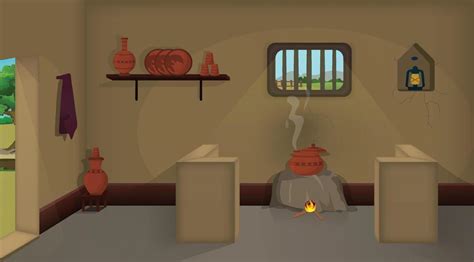 Village room inside vector, poor mud house room interior cartoon ...