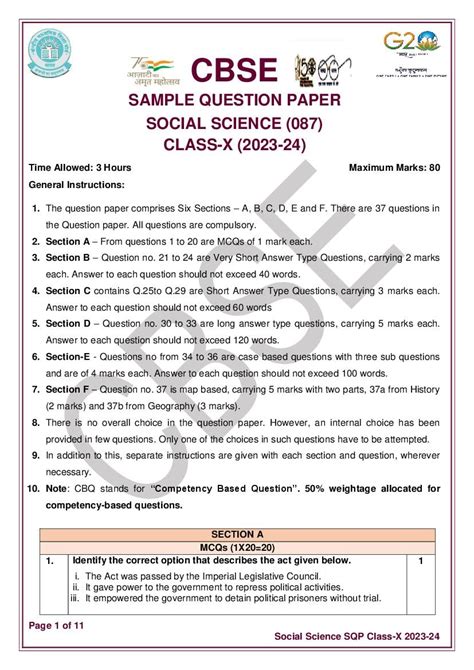 CBSE Class 10 Social Science Sample Paper 2024 (PDF with Solutions ...