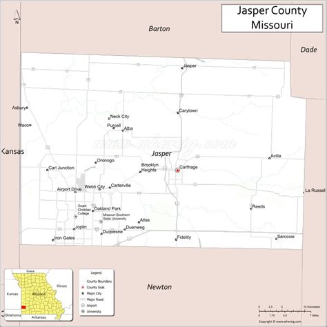 Map of Jasper County, Missouri showing cities, highways & important ...