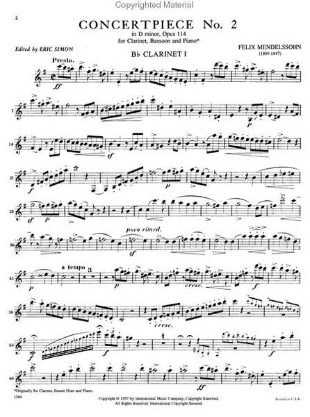  Concert Piece No. 2 In D Minor, Op. 114 For Clarinet, Bassoon (or Cello) & Piano Or 2 Clarinets & Piano by Felix Bartholdy Mendelssohn