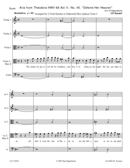 Handel: Aria From Theodora HWV 68 Act II (No. 45) Defend Her Heaven. Arranged For 2-Viola Quintet by Johann Sebastian Bach