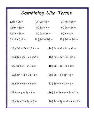 Combining Like Terms Worksheet Education Combining Like