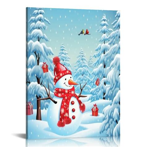 Chilfamy Snowman Christmas Tree Birds Canvas Wall Art Home Decor Print