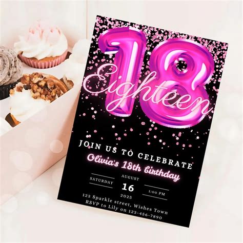 Editable Pink 18th Birthday Invitation Template Glitter Birthday Party