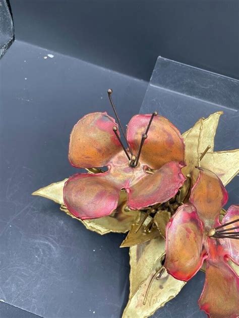 Brutalist Brass Copper Flower Sculpture Tabletop Or Wall Hanging Red