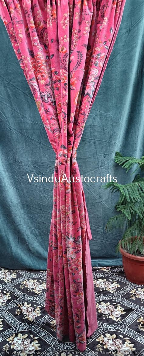 Indian Cotton Velvet Curtain Pink Floral Print Curtain Boho Curtain