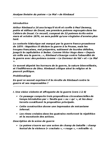 Le Mal Etude Linéaire Analyse linéaire du poème Le Mal de Rimbaud