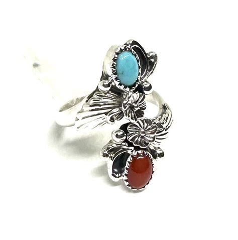 Native American Sterling Silver Navajo Turquoise Coral Adjustable