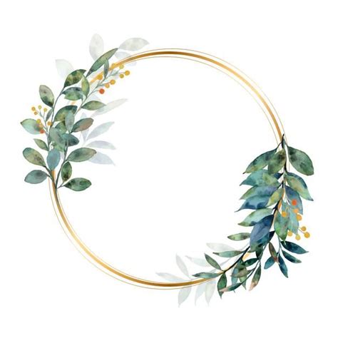 Watercolor Green Leaves Wreath With Gold Circle