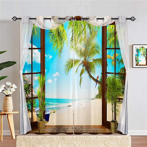 2pcs Sea Balcony Architectural Landscape Semi Shading Print Curtain For