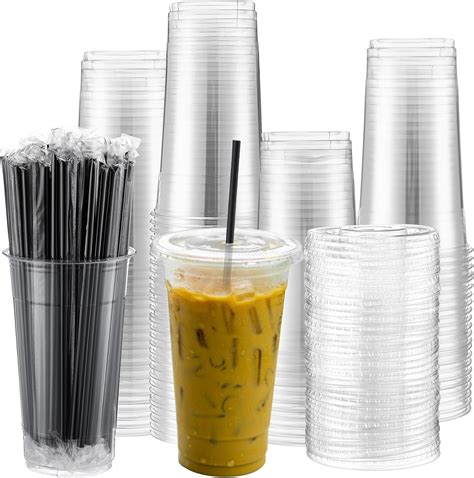 Set Oz Clear Plastic Cups With Flat Lids And Straws Pet Plastic