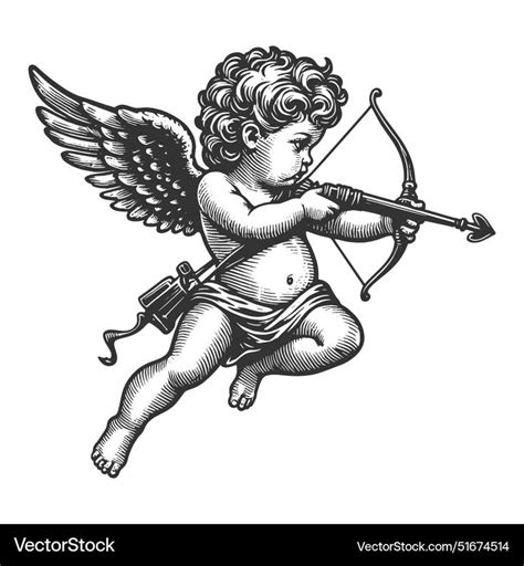 An Angel With A Bow And Arrow In His Hand Vintage Engraved Etching Style