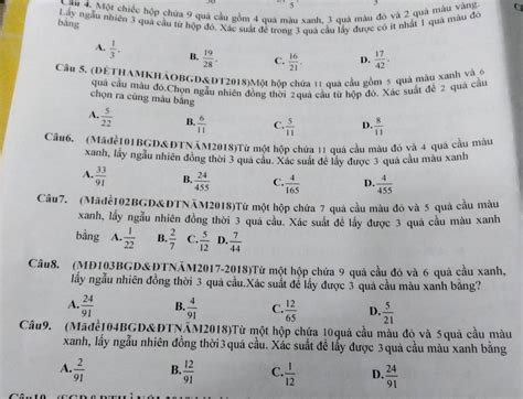 Solved 5 Cầu 4 Một chiếc hộp chứa 9 quả cầu gồm 4 quá m u xanh 3 quả