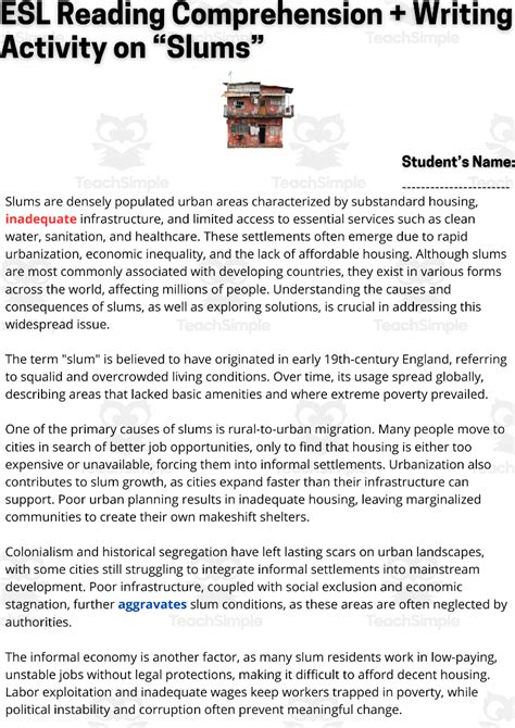 ESL Reading Comprehension Writing Activity Worksheets On Slums By