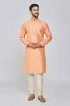 Buy Orange Kurta Chanderi Silk Embroidered Floral Set For Men By