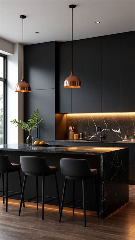 Sleek Black Kitchen Design With Marble Accents And Warm Lighting