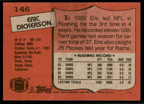 1987 Topps WAX On BACK 146 Eric Dickerson Los Angeles Rams EBay