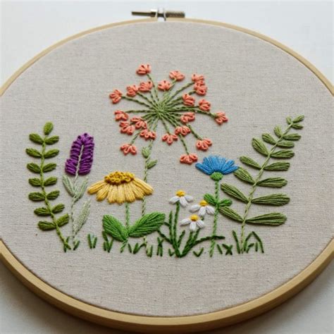 Field Flowers Embroidery Pattern In The Centre There Is A Big Pink