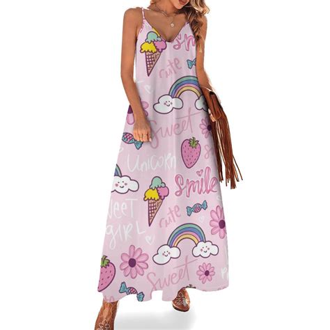 Cute Cartoon Pink Rainbow Ice Cream Flowers Sleeveless Dress Loose