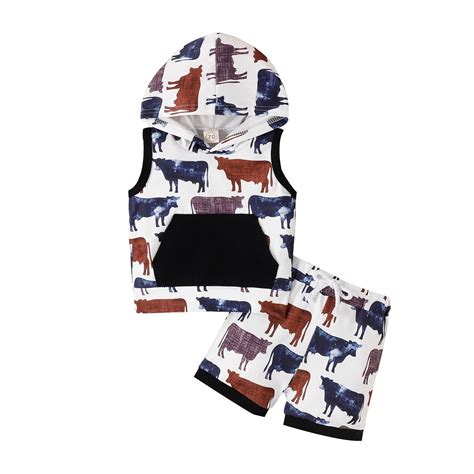 Baby Boy Summer 2 Piece Sets Sleeveless Cartoon Cow Prints Hooded T