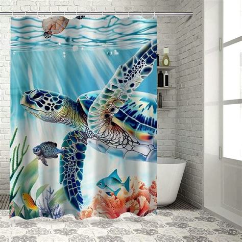 Chilfamy Green Sea Turtle Shower Curtain Funny Marine Life Ocean Beach