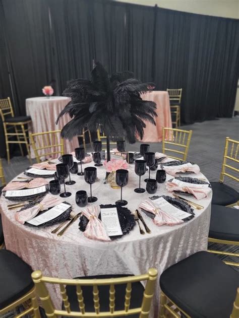 Table Setting Blush Pink And Black Wedding Pink Centerpieces Pink