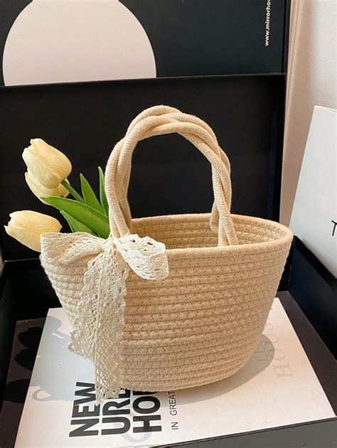 1pc Simple Solid Color Open Top Straw Woven Handbag With Lace Ribbon