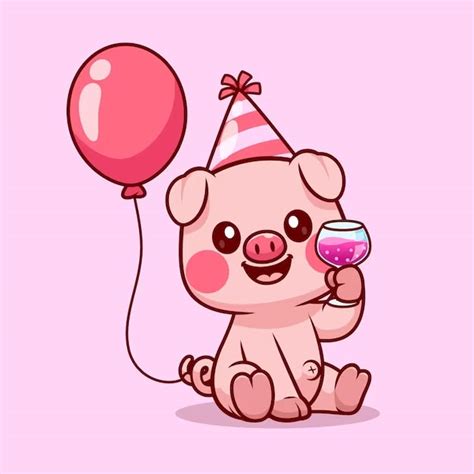 Premium Vector Cute Pig Birthday Party With Balloon And Juice Cartoon