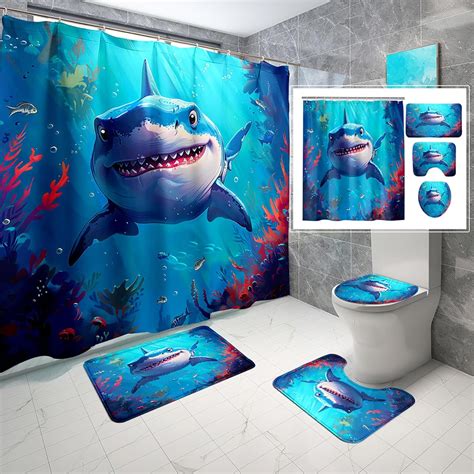 Pcs Cat Shower Curtain Set Funny Cat Riding Sea Turtle Shower