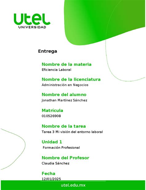 T Mi Formaci N Profesional Nombre De La Materia Eficiencia Laboral