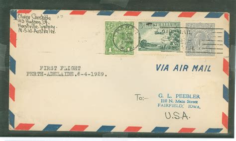 Australia A C First Flight Cover From Perth To Adelaide